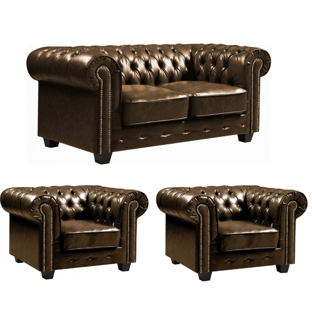 Chesterfield Brown Leather Antique 2+1+1 Seater Sofa Set - Furniture Instore