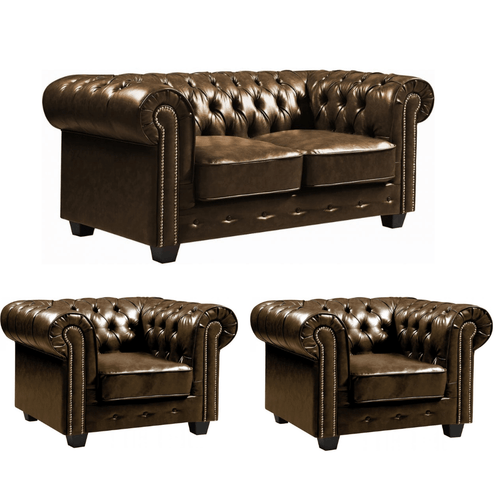 Chesterfield Brown Leather Antique 2+1+1 Seater Sofa Set
