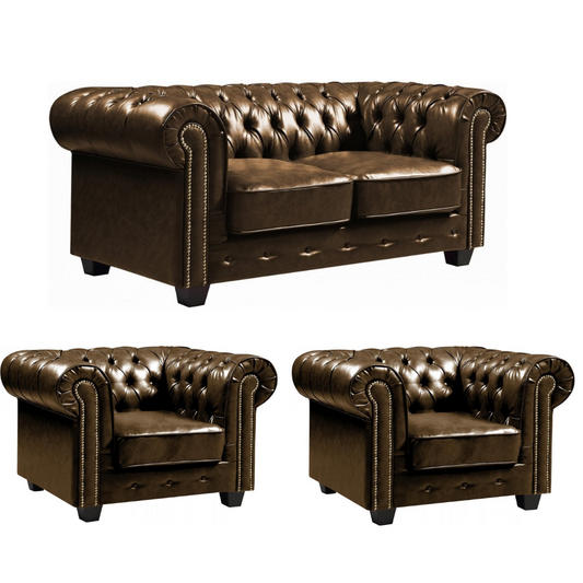 Chesterfield Brown Leather Antique 2+1+1 Seater Sofa Set