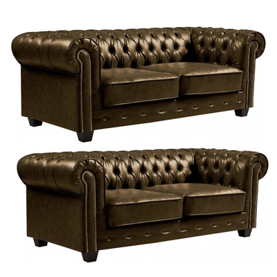 Chesterfield Brown Leather Antique 3+3 Seater Sofa Set
