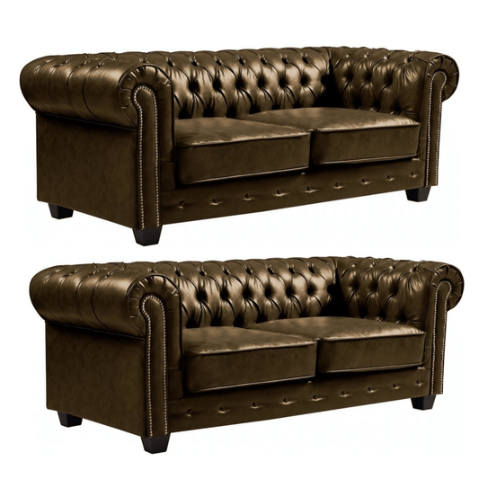Chesterfield Brown Leather Antique 3+3 Seater Sofa Set - Furniture Instore