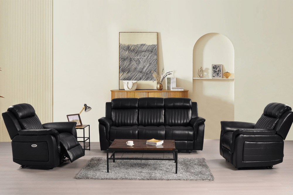 Cidliano Genuine Leather Black Electric Power Recliner 3+1+1 Seater Sofa Set - Furniture Instore
