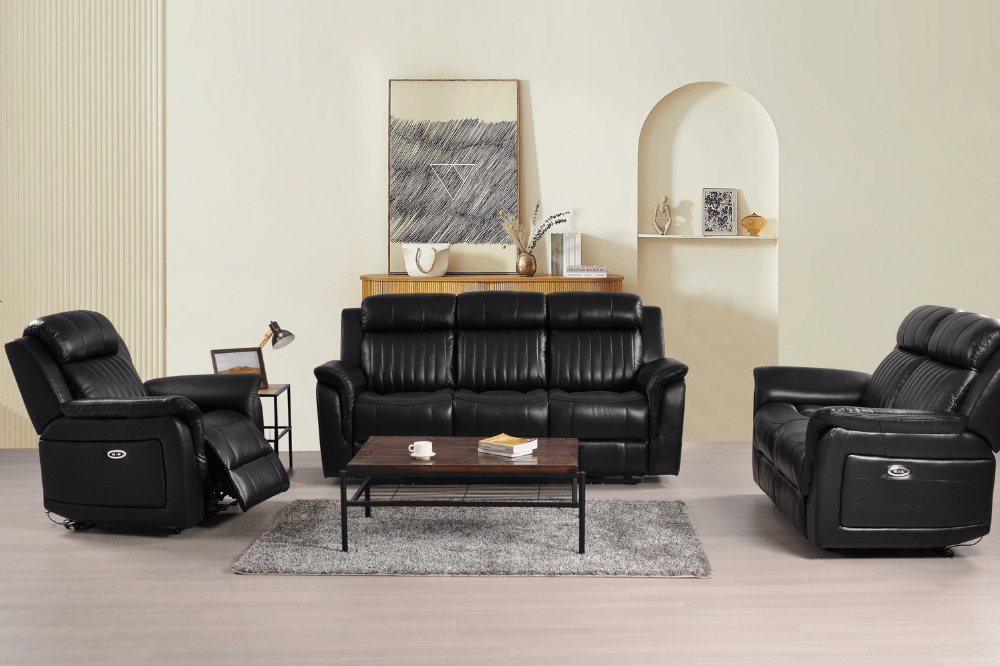 Cidliano Genuine Leather Black Electric Power Recliner 3+2+1 Seater Sofa Set - Furniture Instore