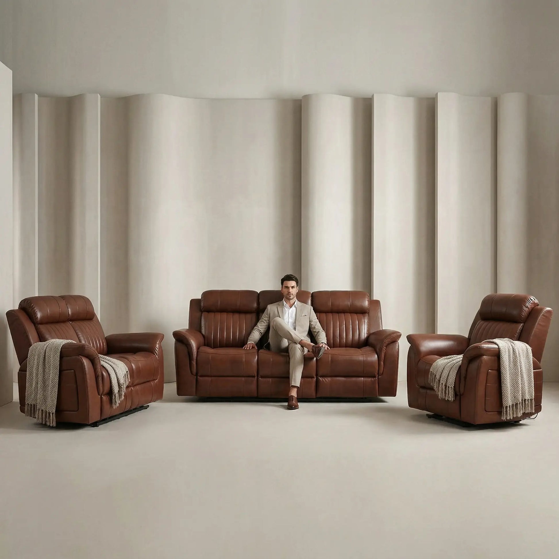 Cidliano Genuine Leather Tan 3+2+1 Seater Sofa Set