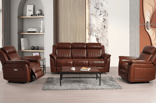 Cidliano Genuine Leather Tan Electric Power Recliner 3+1+1 Seater Sofa Set - Furniture Instore