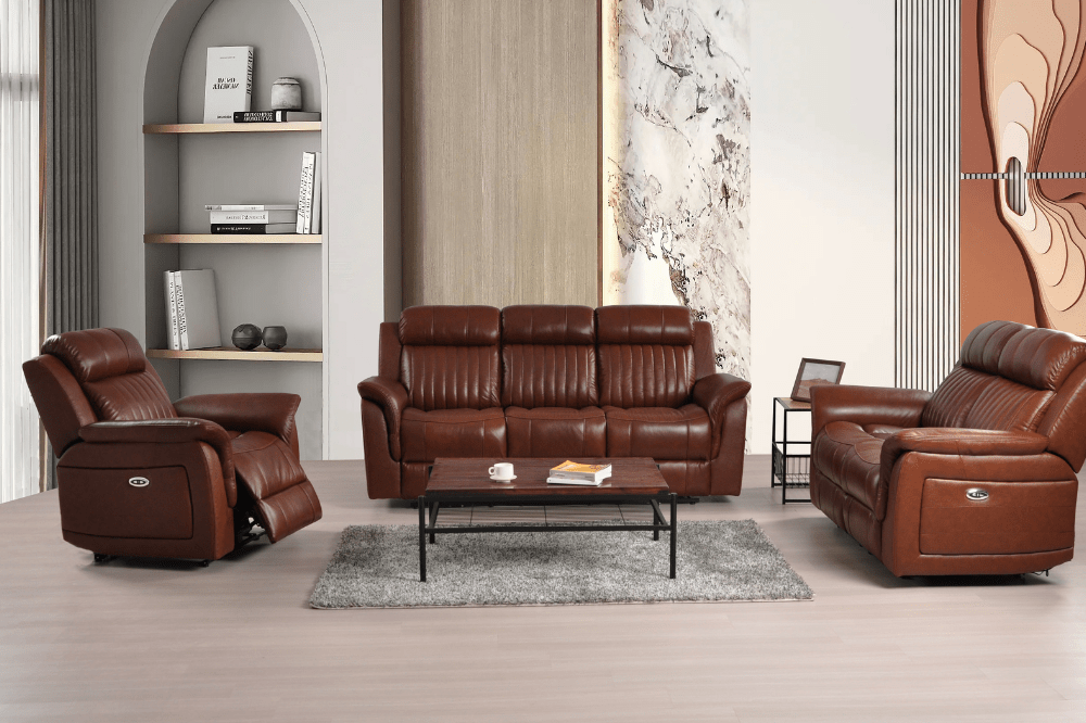 Cidliano Genuine Leather Tan Electric Power Recliner 3+2+1 Seater Sofa Set - Furniture Instore