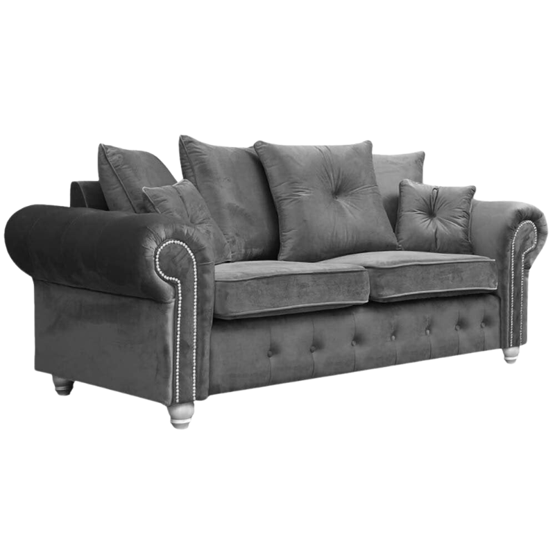 Grey velvet 3 seater  sofa with tufted backrest and nailhead trim on a white background