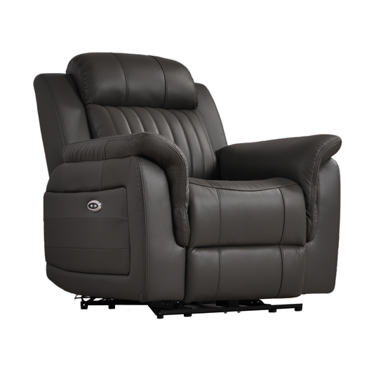 Cidliano grey armchair shown at an angle on a white background, highlighting its sleek design and fabric texture.