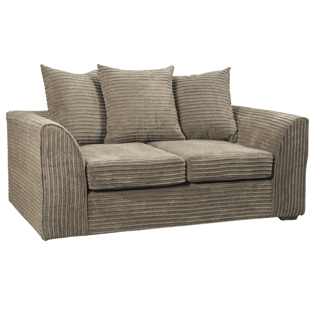 Brown striped sofa with three cushions on a white background