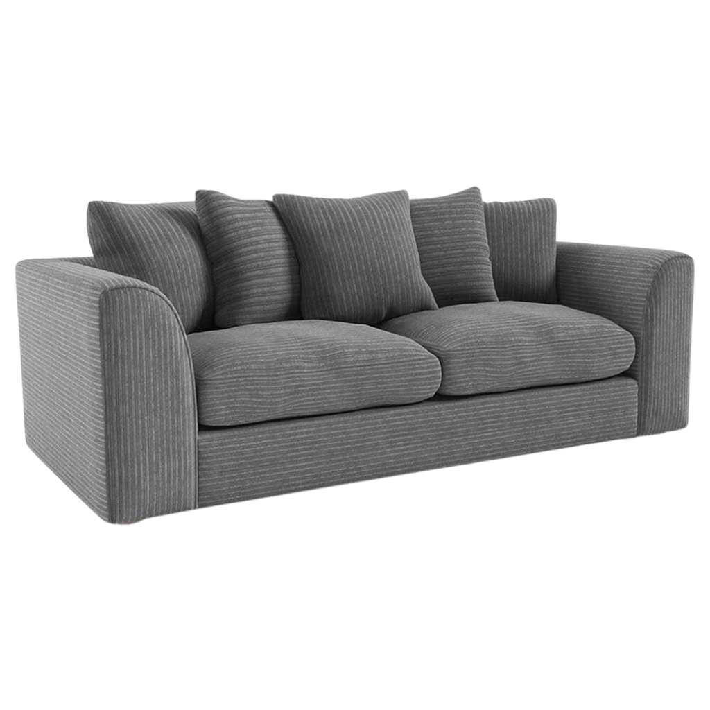 Grey sofa with four cushions on a white background