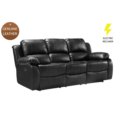 Black leather recliner sofa with 'Genuine Leather' and 'Electric Recliner' labels on a white background.