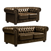 Chesterfield Brown Leather Antique 3+2 Seater Sofa Set