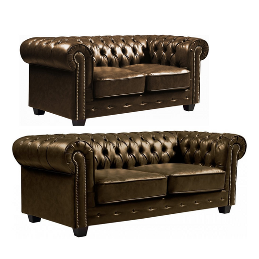 Chesterfield Brown Leather Antique 3+2 Seater Sofa Set
