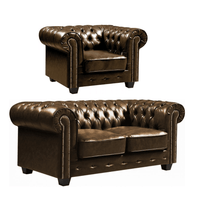 Chesterfield Brown Leather Antique 2+1 Seater Sofa Set