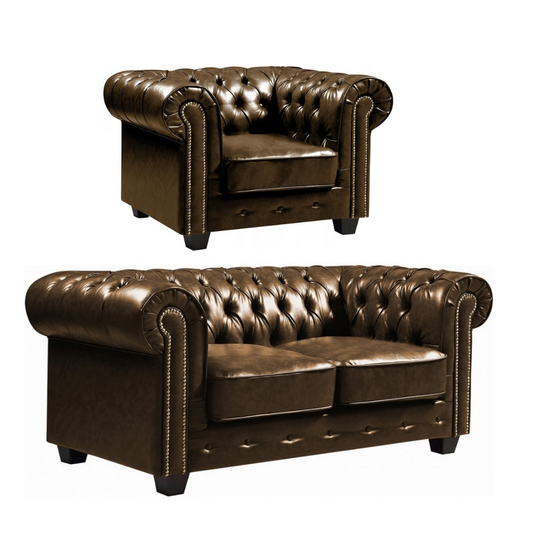 Chesterfield Brown Leather Antique 2+1 Seater Sofa Set