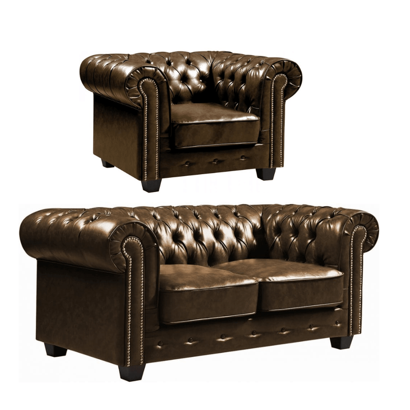 Chesterfield Brown Leather Antique 2+1 Seater Sofa Set - Furniture Instore