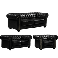 Chesterfield Black Leather Antique 3+2+1 Seater Sofa Set