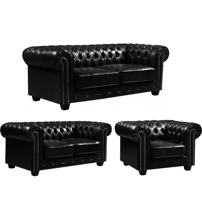 Chesterfield Black Leather Antique 3+2+1 Seater Sofa Set