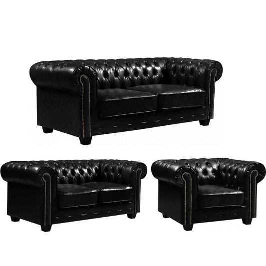 Chesterfield Black Leather Antique 3+2+1 Seater Sofa Set