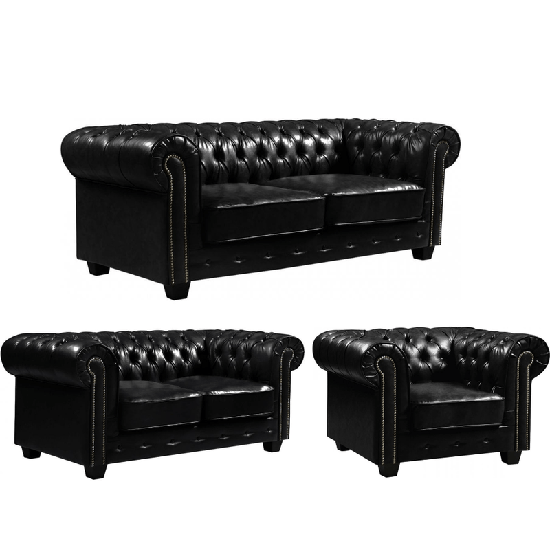 Chesterfield Black Leather Antique 3+2+1 Seater Sofa Set - Furniture Instore