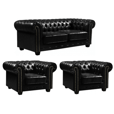 Chesterfield Black Leather Antique 3+1+1 Seater Sofa Set