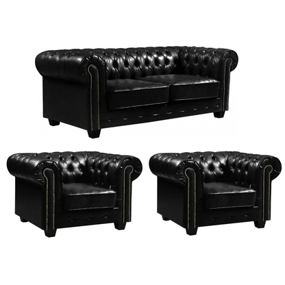 Chesterfield Black Leather Antique 3+1+1 Seater Sofa Set - Furniture Instore