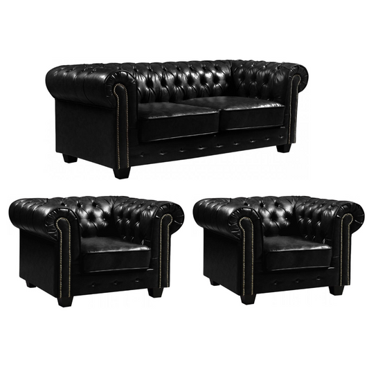Chesterfield Black Leather Antique 3+1+1 Seater Sofa Set