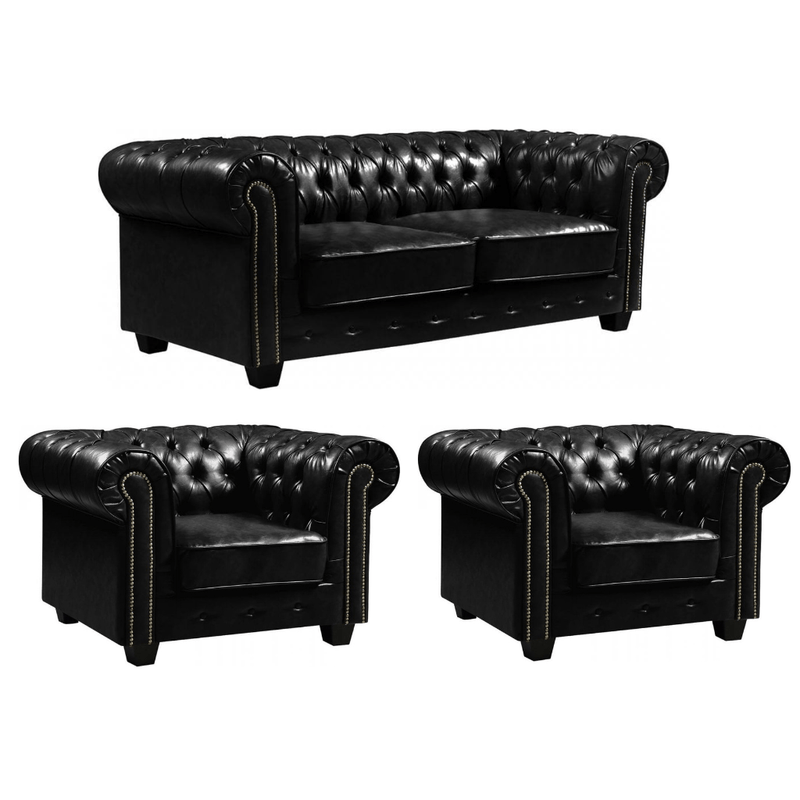 Chesterfield Black Leather Antique 3+1+1 Seater Sofa Set - Furniture Instore