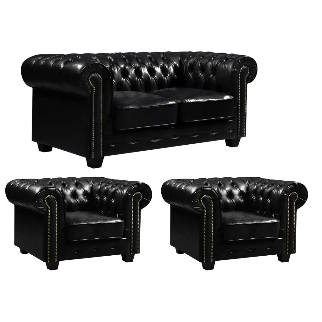 Chesterfield Black Leather Antique 2+1+1 Seater Sofa Set - Furniture Instore