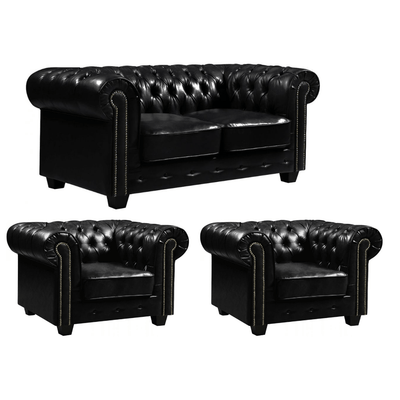 Chesterfield Black Leather Antique 2+1+1 Seater Sofa Set
