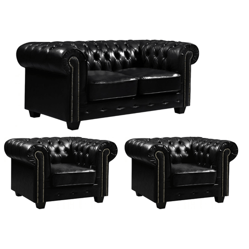 Chesterfield Black Leather Antique 2+1+1 Seater Sofa Set