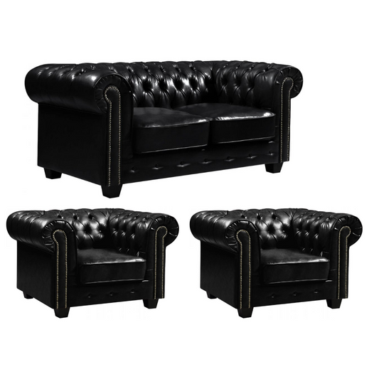 Chesterfield Black Leather Antique 2+1+1 Seater Sofa Set