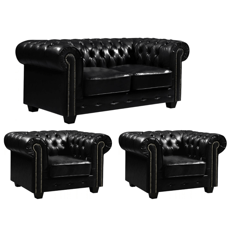 Chesterfield Black Leather Antique 2+1+1 Seater Sofa Set - Furniture Instore