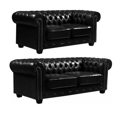 Chesterfield Black Leather Antique 3+2 Seater Sofa Set