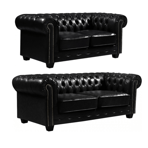 Chesterfield Black Leather Antique 3+2 Seater Sofa Set