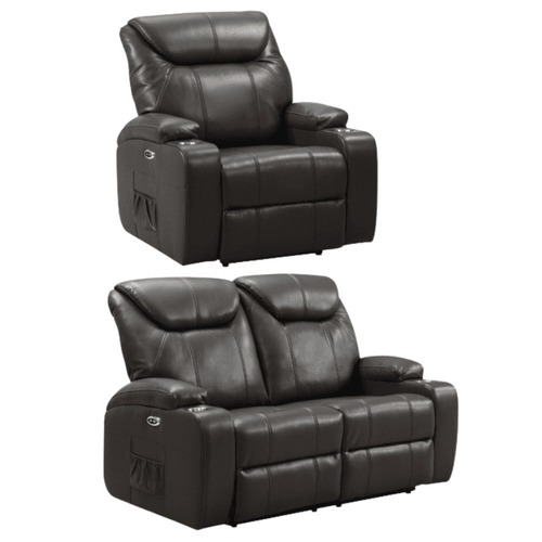 Cinema Grey Leather Electric 2+1 Recliner Sofa Set With Two Cup Holders