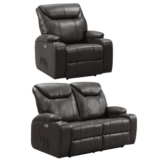 Cinema Grey Leather Electric 2+1 Recliner Sofa Set With Two Cup Holders