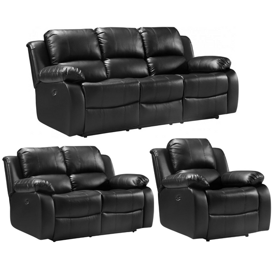 Black leather reclining sofa set with two recliners on a white background
