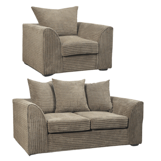 Brown fabric striped armchair and sofa set on a white background