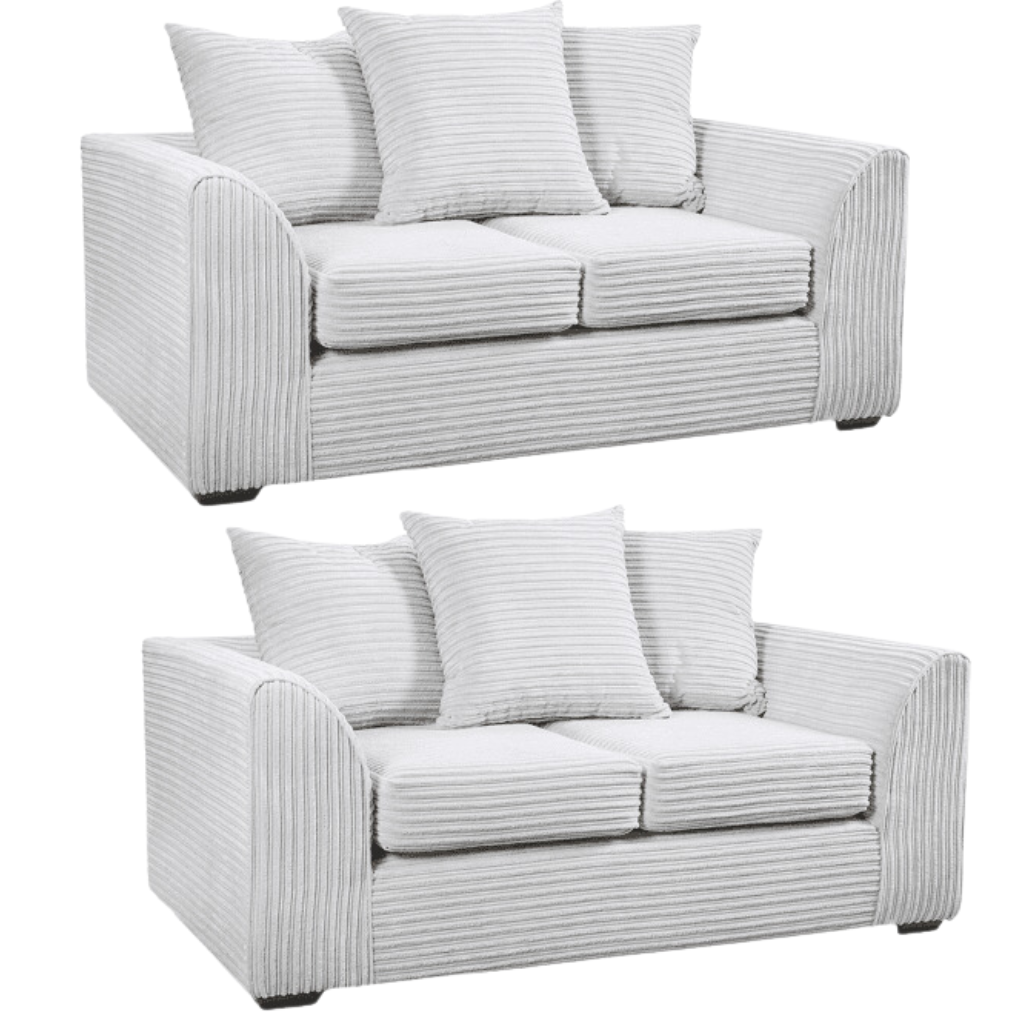 Two identical grey striped sofas with cushions on a white background