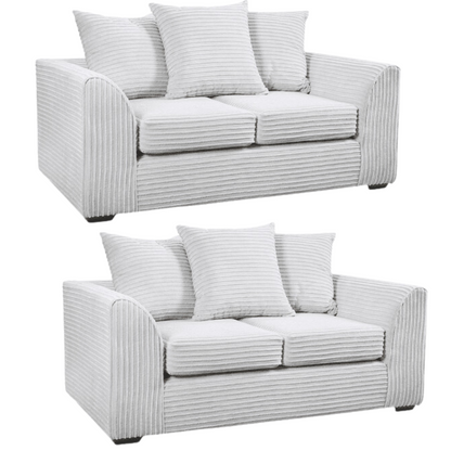 Two identical grey striped sofas with cushions on a white background