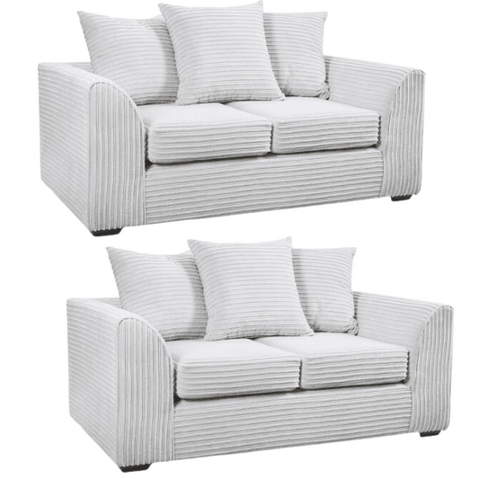 Two identical grey striped sofas with cushions on a white background