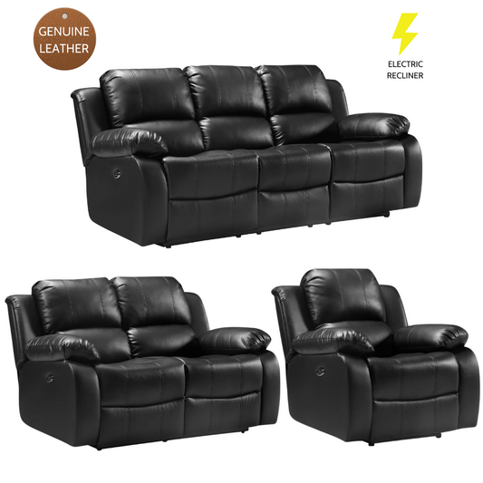 Black 3 seater leather recliner sofa set with electric recliner feature on a white background with two seater electric recliner and chair