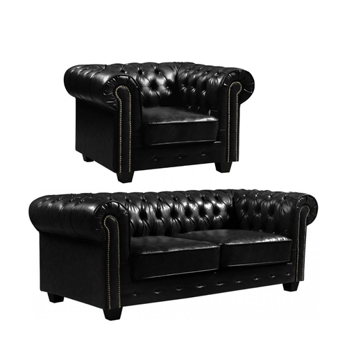 Chesterfield Black Leather Antique 3+1 Seater Sofa Set