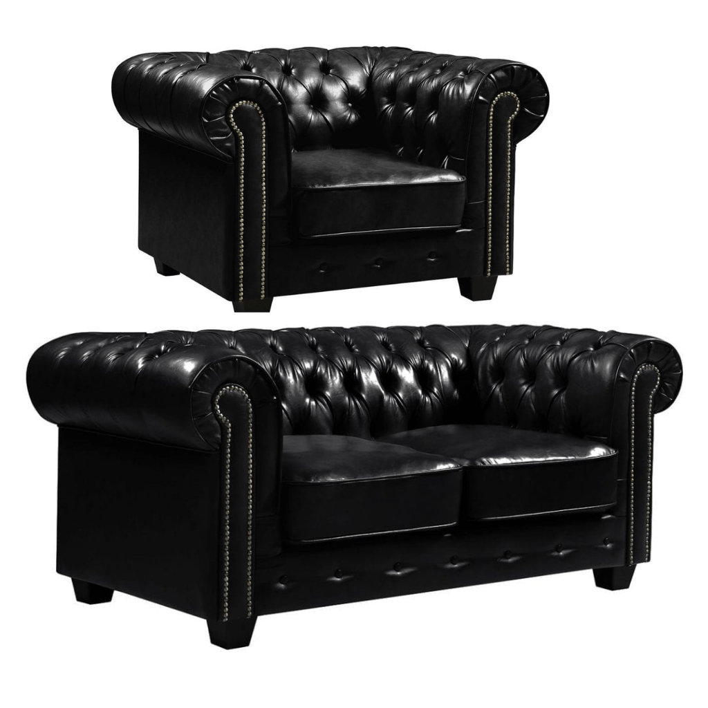 Chesterfield Black Leather Antique 2+1 Seater Sofa Set - Furniture Instore