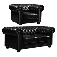 Chesterfield Black Leather Antique 2+1 Seater Sofa Set