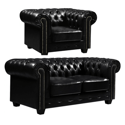 Chesterfield Black Leather Antique 2+1 Seater Sofa Set