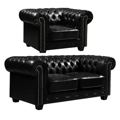Chesterfield Black Leather Antique 2+1 Seater Sofa Set - Furniture Instore