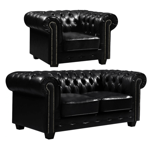 Chesterfield Black Leather Antique 2+1 Seater Sofa Set