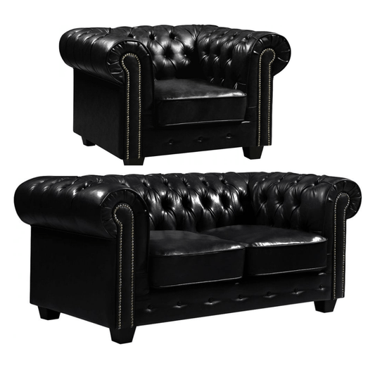 Chesterfield Black Leather Antique 2+1 Seater Sofa Set - Furniture Instore